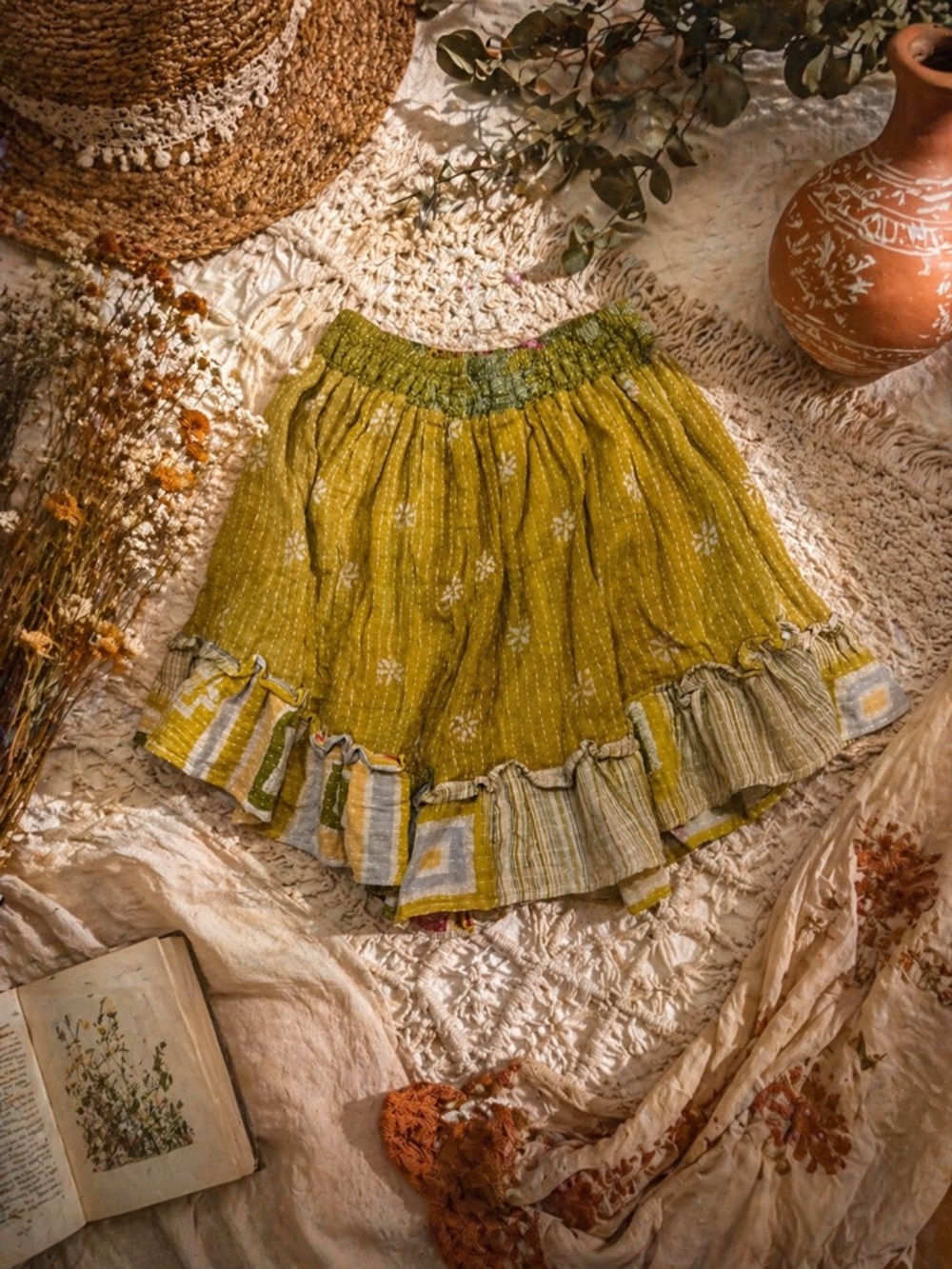 Bohemian Kantha Bae Shorts in Olive Green